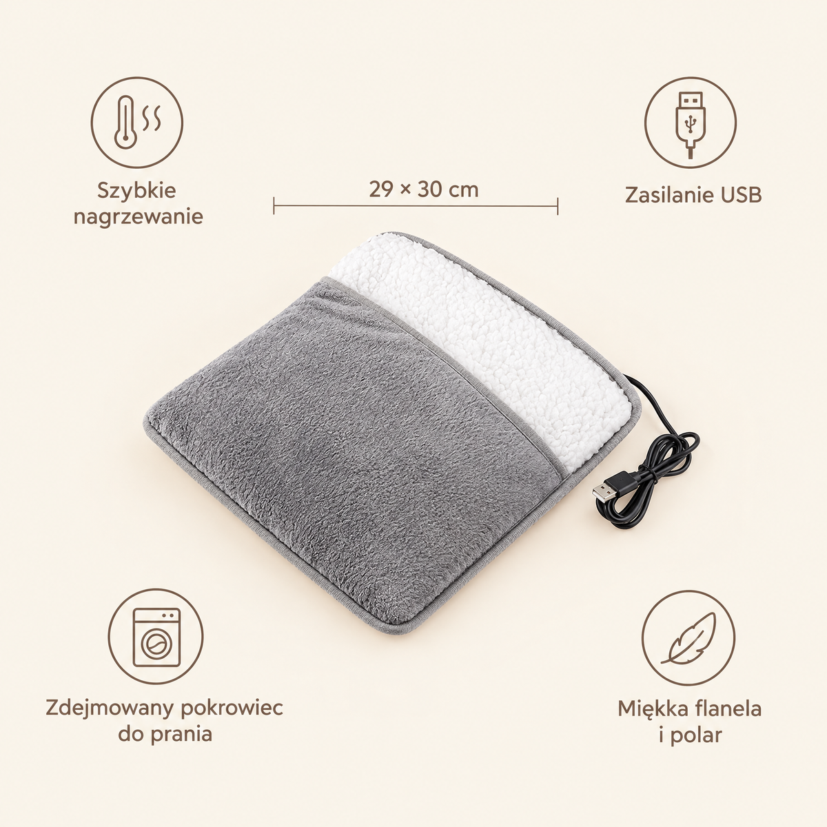 Infografika: zalety podgrzewacza do stóp Wtul i wymiary 29 × 30 cm